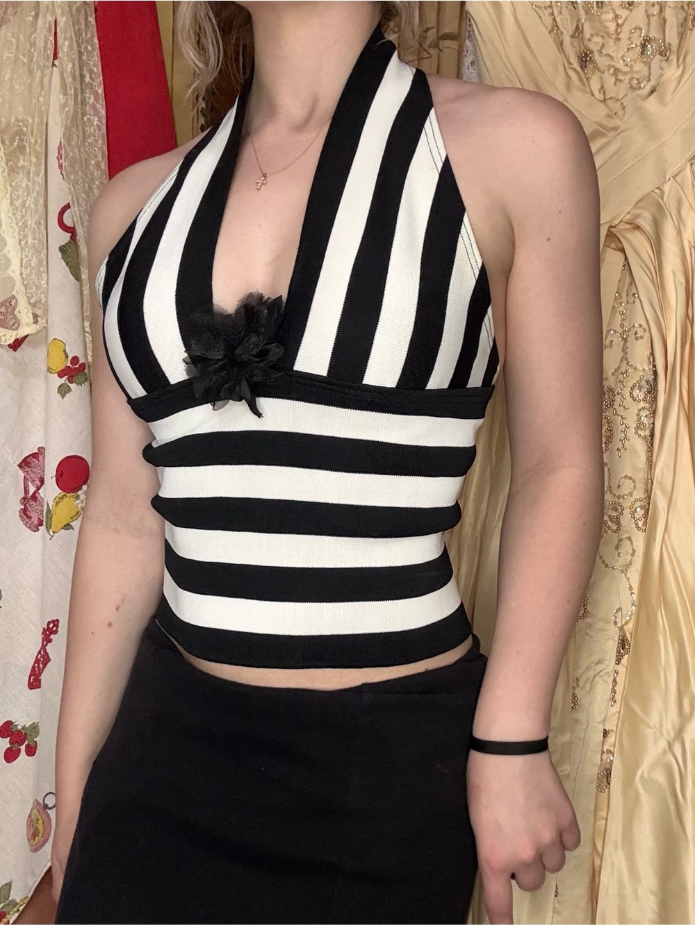 Y2K Black & White Striped Halter Camisole